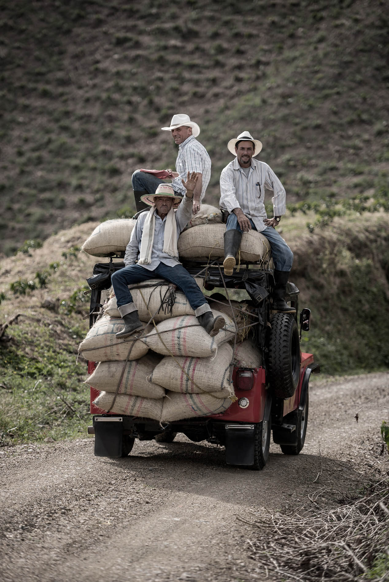 Boeren met juten zakken biologische koffie